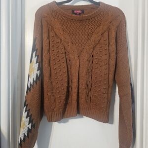 Brown Cable Knit Sweater with Geometric Sleeves